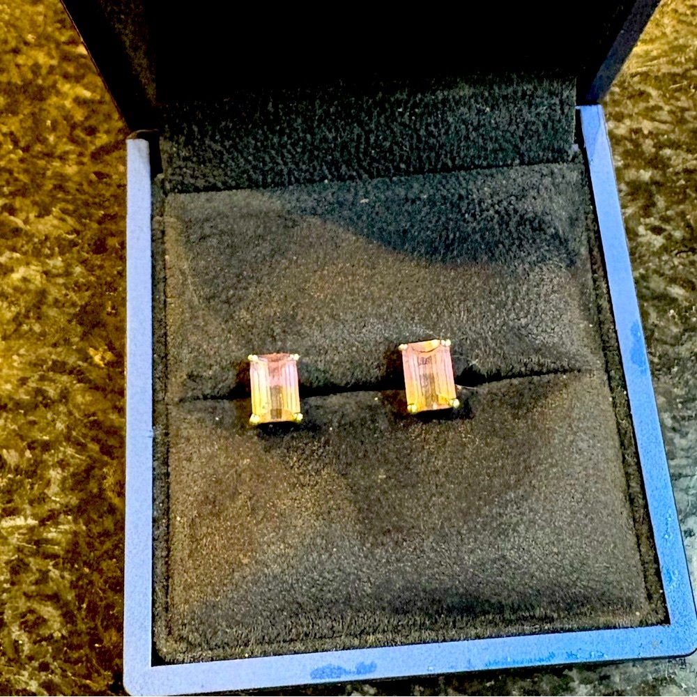 Genuine Emerald cut Ametrine earrings in 10k gold